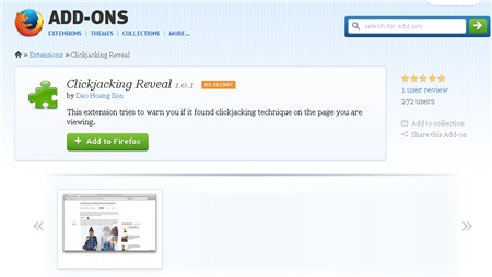 add-on Clickjacking Reveal cho trình duyệt