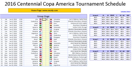 Lịch thi đấu Copa America 2016 bằng file Excel