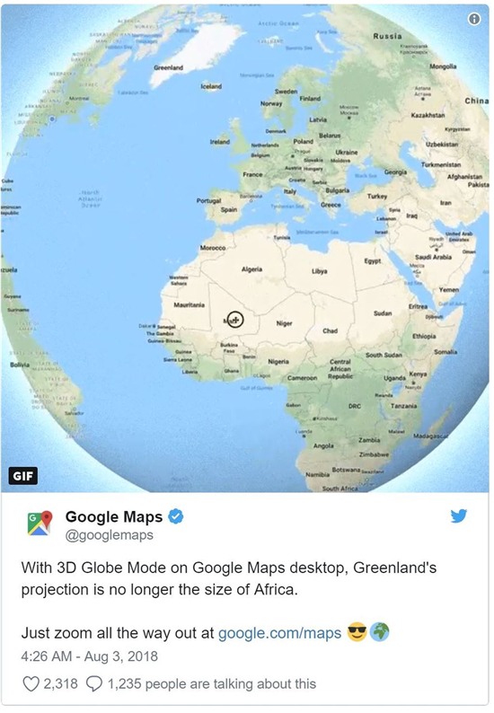 Google Maps cập nhật để hiển thị Trái Đất hình cầu